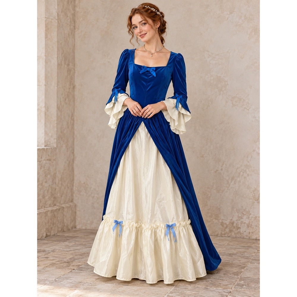 Halloween CosPlay Renaissance Colonial Costume Royal Blue Velvet M Maxi Dress